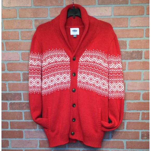 Old Navy Mens Red Fair Isle Cardigan Sweater Size L Holiday Grandpa - Picture 2 of 7